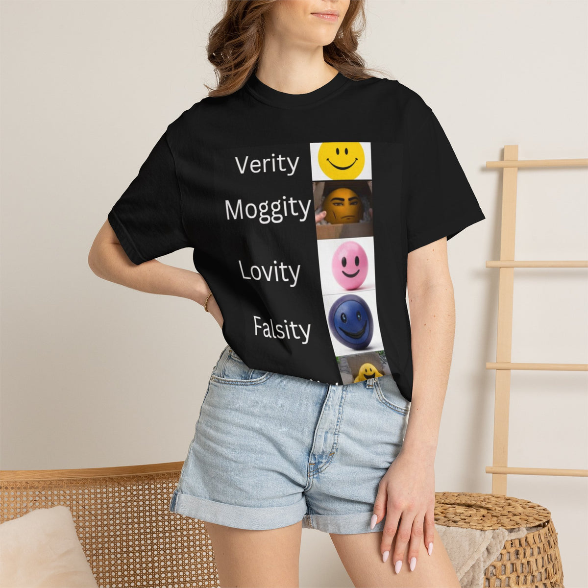 Verity, Moggity, Lovity, Falsity, and Obesity unisex adult tee