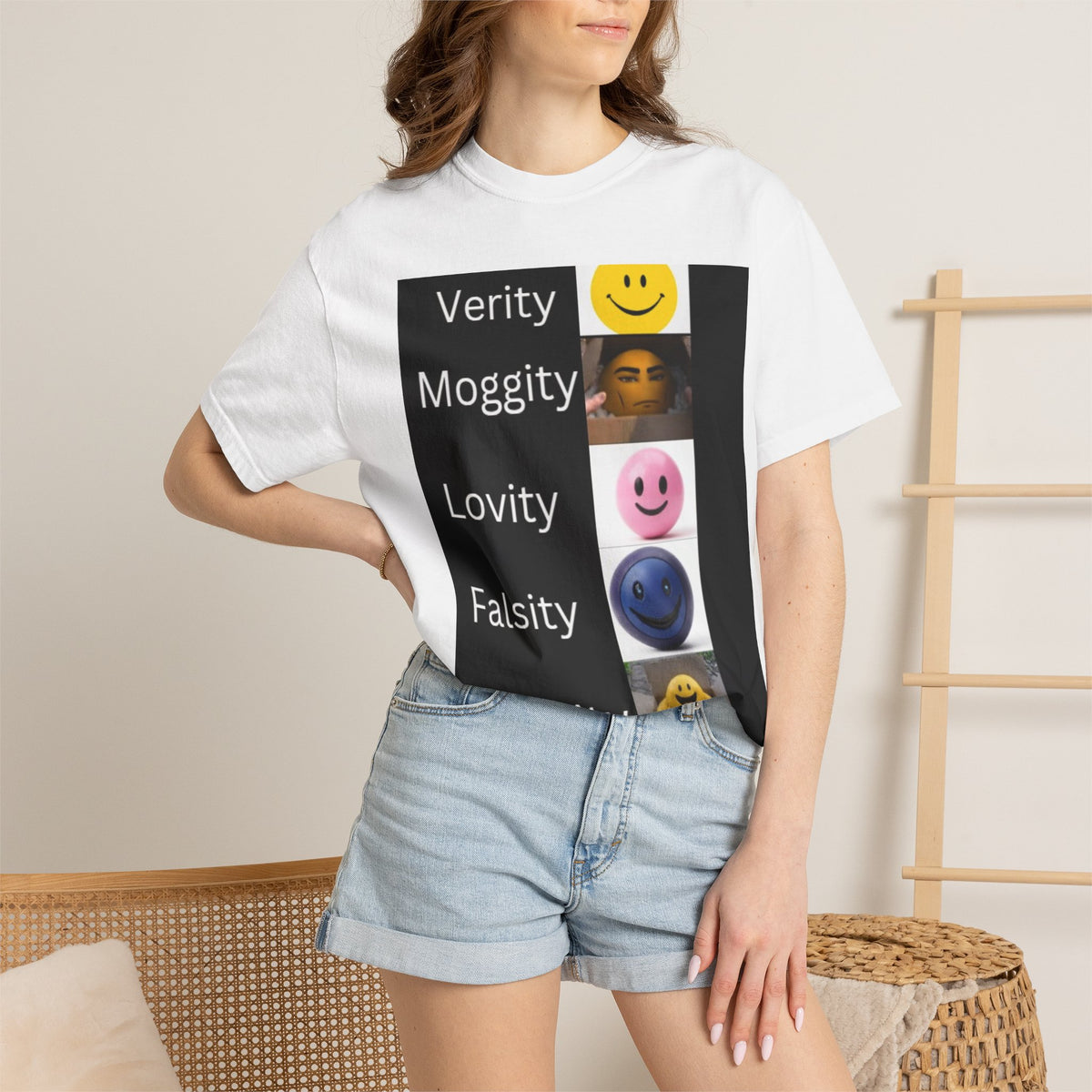 Verity, Moggity, Lovity, Falsity, and Obesity unisex adult tee
